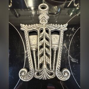 Antique Pewter Sad Iron Trivet Broom‎ Cottage